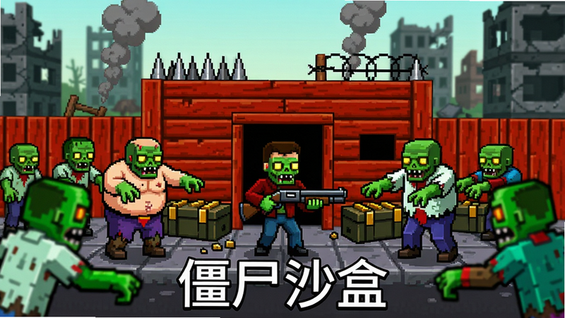 主体:僵尸沙盒游戏整体场景,中央是玩家角色手持霰弹枪站在木质堡垒前,周围有不同种类的僵尸(普通丧尸、胖子僵尸、爬行僵尸)正朝玩家涌来,空中飘着硝烟。布局:前景为近战僵尸,中景为堡垒和玩家,背景是废弃城市废墟。排版:横向构图,玩家在中央偏下,僵尸呈扇形包围。风格:像素艺术风格,色彩鲜明,红绿对比强烈。细节:堡垒上有尖刺和铁丝网,地上散落弹药箱,僵尸眼睛发光。画质:清晰干净,无多余元素,画面下方有白色文字“僵尸沙盒”。画质+干净+无多余元素