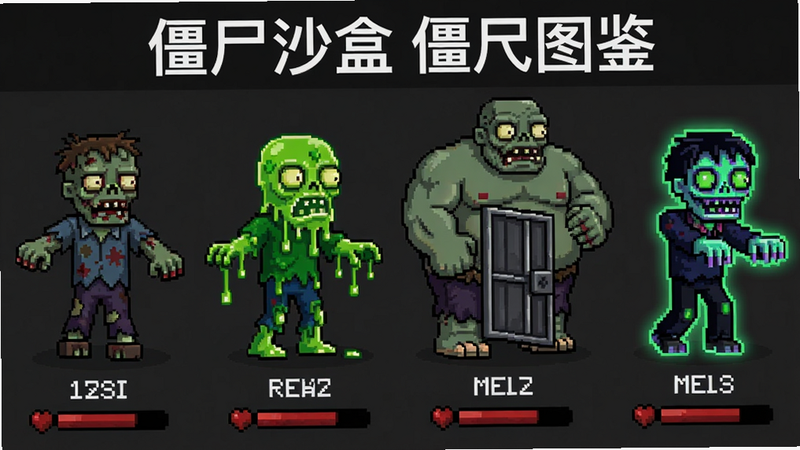 主体:四种僵尸并排展示,左边是普通丧尸,中间是绿色毒液僵尸,右边是肥胖巨人僵尸,最右是荧光夜行僵尸。布局:横向排列,每个僵尸下方标注名称和血量条。排版:类似图鉴页面,背景深灰色。风格:像素插画,颜色区分明显。细节:毒液僵尸身上有黏液滴落,巨人僵尸手持铁门。画质:干净清晰,无多余背景。图片中打文字:白字“僵尸沙盒 僵尸图鉴”