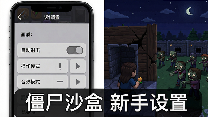 主体:手机游戏截图,左侧显示设置界面,右侧是游戏内黑夜场景,玩家躲在堡垒内,外面僵尸涌动。布局:分屏对比,左半屏为设置选项(画质、音效、操作模式),右半屏为游戏实况。排版:竖屏手机界面,圆角边框。风格:像素游戏界面,夜间色调。细节:设置中“自动射击”开关被关闭,堡垒木墙上有裂痕。画质:清晰干净,无多余图标。图片中打文字:白字“僵尸沙盒 新手设置”