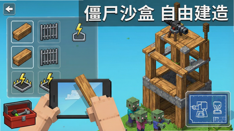 主体:玩家正在用触屏拖拽木板搭建防御高台,旁边有工具箱和蓝图界面。布局:左侧为建造菜单(木板、铁栅栏、电击陷阱图标),右侧为正在搭建的三层高台。排版:俯视45度角,UI半透明浮动。风格:像素沙盒,色彩明快。细节:高台上已放置一挺机关枪,僵尸在下方聚集。画质:干净无多余元素,画质清晰。图片中打文字:白字“僵尸沙盒 自由建造”