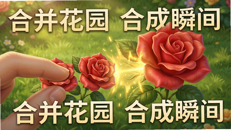 画面展示合并花园游戏内合成操作的特写,手指将两朵相同的红色玫瑰花拖拽到一起,瞬间绽放出金色光芒并变成一朵更大的玫瑰,背景是柔和的绿色草坪,光线温暖,细节逼真,画质干净,无多余元素,图片上有文字“合并花园 合成瞬间”