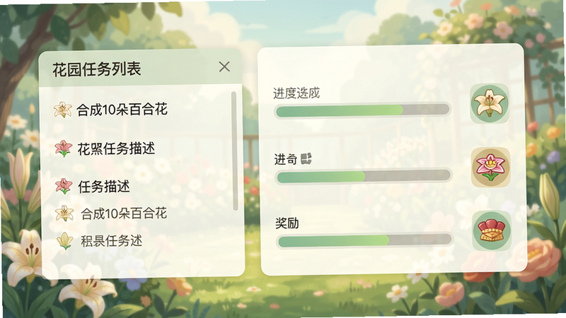 合并花园任务列表界面,左侧是任务描述如“合成10朵百合花”,右侧是进度条和奖励图标,背景是花园场景,界面简洁清晰,色调柔和,细节到位,画质干净,无多余元素