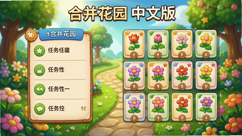 画面中央是一个色彩斑斓的“合并花园”游戏主界面,左侧有任务列表,右侧是待合并的植物卡片,背景是阳光明媚的花园,有花朵、树木、小径,整体风格清新卡通,画面干净明亮,布局层次分明,细节丰富,画质高清,无多余元素,图片上文字为“合并花园 中文版”