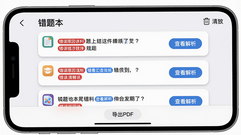 主体: 手机屏幕显示错题本界面, 顶部标题