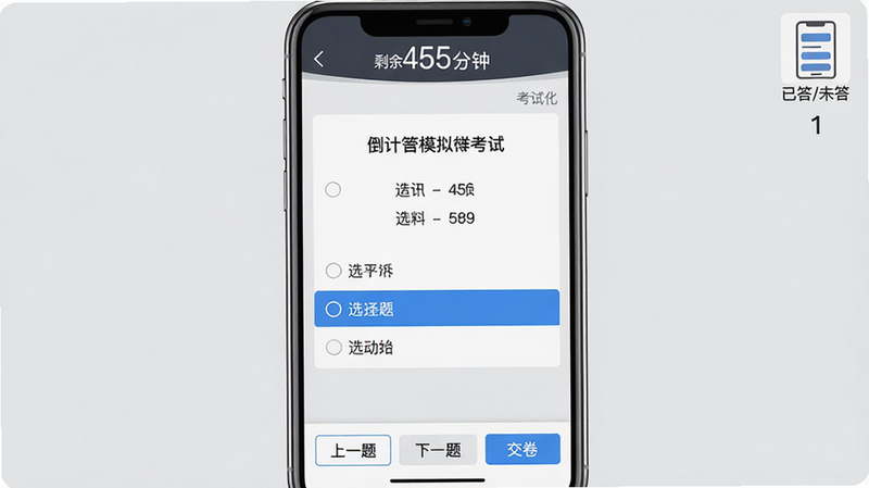 主体: 手机屏幕显示模拟考试界面, 顶部倒计时剩余45分钟, 中间一道选择题带四个选项, 底部有