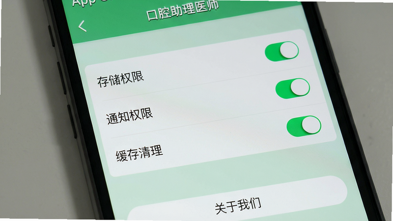 主体: 手机屏幕显示App设置页面, 有“存储权限”“通知权限”“缓存清理”选项, 开关按钮清晰可见. 布局: 手机竖屏, 背景为浅绿色设置界面. 排版: 选项列表, 每个权限右侧为滑动开关. 风格: 系统设置风格, 文字居中. 细节: 顶部有“口腔助理医师”字样, 底部有“关于我们”按钮. 画质: 干净, 无多余元素