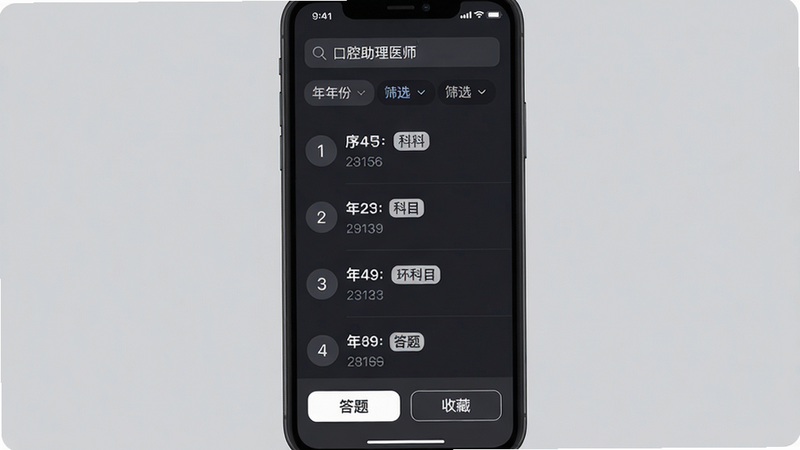 主体: 手机屏幕展示真题列表页面, 列表项显示题目序号、年份、科目, 底部有