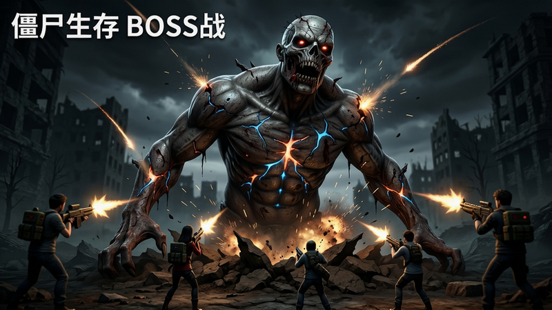 主体:巨大的僵尸BOSS从地面破土而出,周围玩家小队开火;布局:BOSS占画面中央偏下,玩家角色分布在四周;排版:仰视视角突出BOSS压迫感;风格:暗黑写实,环境阴森;细节:BOSS身体有裂缝发光、枪线轨迹、爆炸火花;画质:4K超清,干净无多余元素,左上角文字