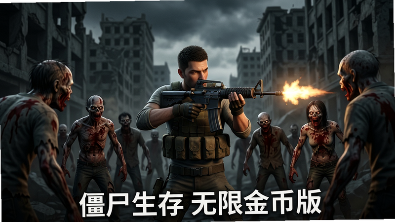 主体:丧尸末日城市废墟中,一名手持步枪的幸存者正在射击;布局:幸存者居中,周围是坍塌的建筑和涌来的僵尸群;排版:画面中心突出主角,僵尸呈半包围分布;风格:写实3D渲染,光影阴暗,灰尘弥漫;细节:枪口火焰、僵尸腐烂皮肤、血迹;画质:4K超清,干净无多余元素,底部居中白色文字