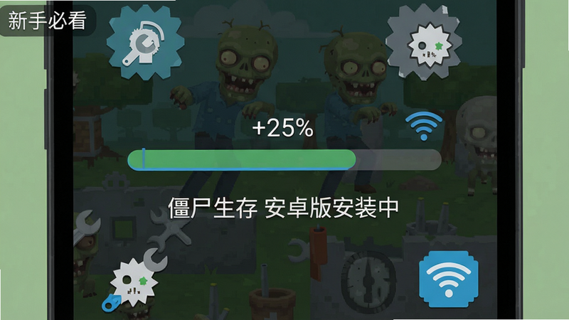 主体:手机屏幕上显示游戏安装进度条,周围有工具图标;布局:居中特写;排版:简洁,进度条下方文字“僵尸生存 安卓版安装中”;风格:扁平UI;细节:进度百分比、WiFi图标;画质:高清,干净无多余元素,左上角小字“新手必看”