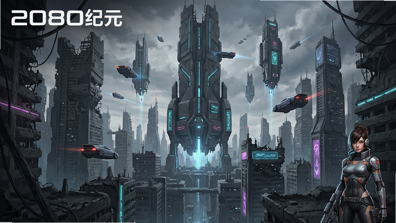 一张展示2080纪元游戏主界面全景的横版概念图,主体是未来城市废墟与悬浮科技建筑,布局采用中心对称构图,左上角显示游戏LOGO“2080纪元”,右下角有角色立绘,整体赛博朋克风格,细节丰富,画质高清,干净无多余元素
