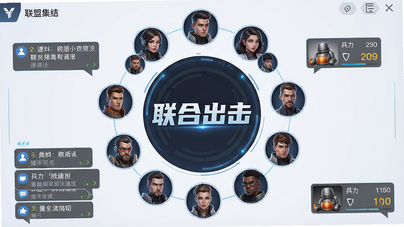 一张联盟集结界面设计图,主体为多个玩家头像围成环形,中心显示“联合出击”字样,布局主次分明,风格科幻简约,细节包含聊天消息气泡与兵力数值,画质干净,无多余元素