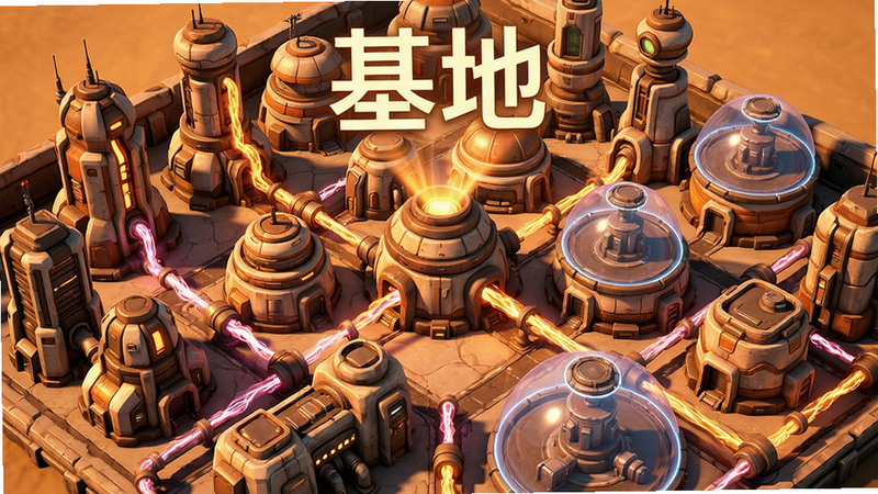 一张游戏内基地俯瞰图,主体是风格各异的科幻建筑群,布局错落有致,显示“基地”二字悬浮于建筑上方,采用明亮暖色调,细节包括能量管道与防护罩,画质清晰,无多余元素