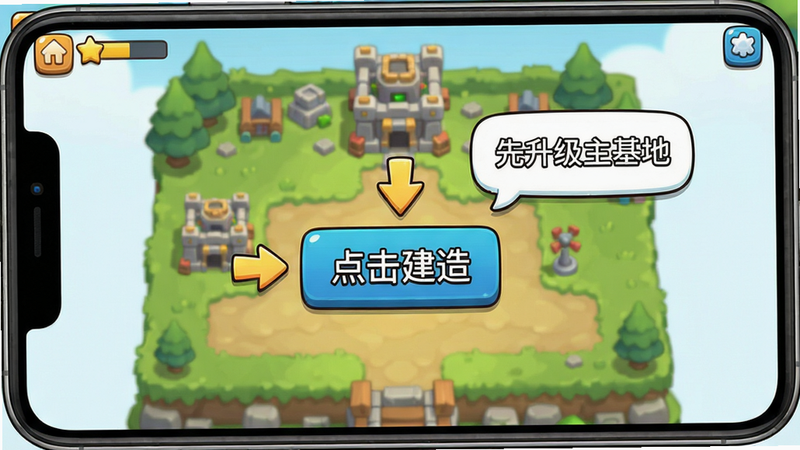 一张手机竖屏游戏截图,主体为新手引导界面,显示“点击建造”按钮,布局居中,风格卡通指引,细节包含箭头指示和文字气泡“先升级主基地”,画质清晰,干净无多余元素