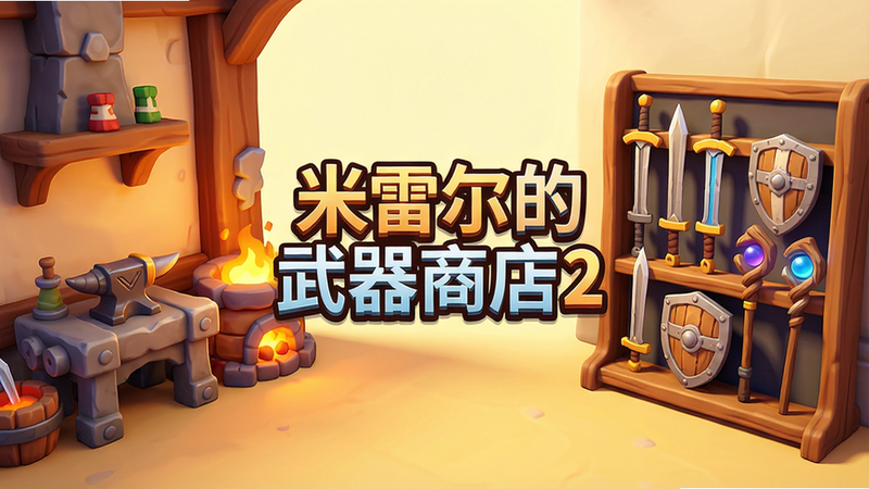 图片展示游戏主界面,左侧是锻造台和熔炉,右侧是武器展示架,上面摆放着各种刀剑、盾牌、法杖,画面风格为卡通渲染,色彩明亮温暖,细节丰富,画质高清,布局对称,中心显示游戏标题“米雷尔的武器商店2”艺术字,干净无多余元素
