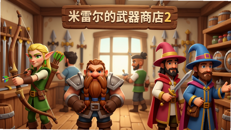 图片展示武器店内场景,多位不同种族和职业的顾客正在挑选武器,有精灵弓箭手、矮人战士、人类法师等,画面布局合理,人物表情生动,风格为卡通渲染,光线柔和,画质清晰,店招牌显示“米雷尔的武器商店2”,干净无多余元素