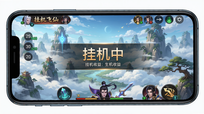 生图提示词:手机屏幕显示《挂机飞仙》游戏正在运行,界面有挂机收益提示,背景为仙山云雾,画质清晰,无多余元素,文字'挂机中'。