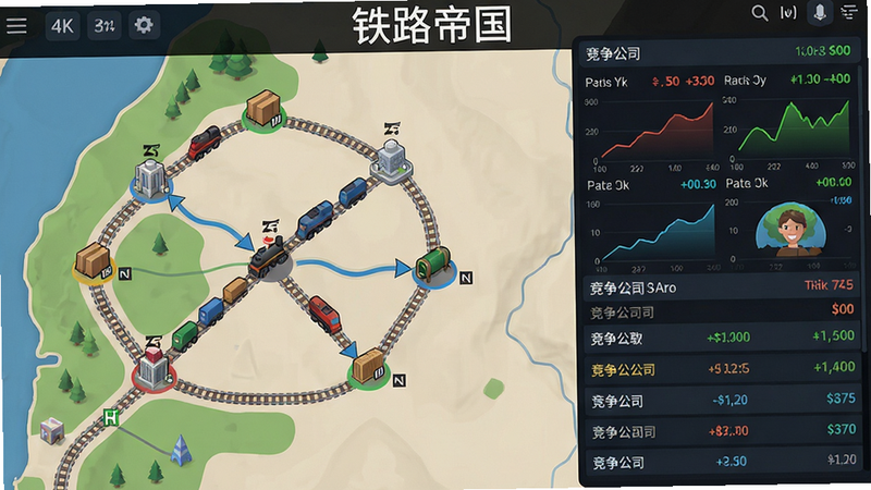 主体:铁路帝国游戏经济界面,展示城市间的货物流动图表和股票交易所界面;布局:左侧是地图,右侧是数据面板;排版:信息分区清晰,色彩对比明显;风格:数据可视化,简约现代;细节:货物图标、价格折线图、竞争公司列表;画质:4K,无多余元素,画面中显示“铁路帝国”标题