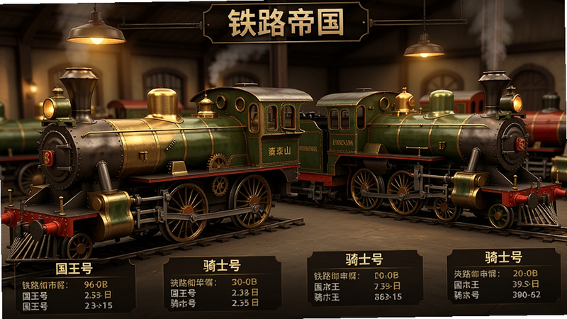 主体:铁路帝国游戏机车库界面,多款蒸汽机车并排陈列,包括“国王号”“骑士号”等;布局:机车从左至右排列,每辆下方标注名称和数据;排版:平视视角,清晰展示机车侧面细节;风格:复古机械写实,暖色灯光;细节:锅炉、车轮、驾驶室窗户清晰,金属质感强烈;画质:4K,无多余元素,画面中可见“铁路帝国”字样