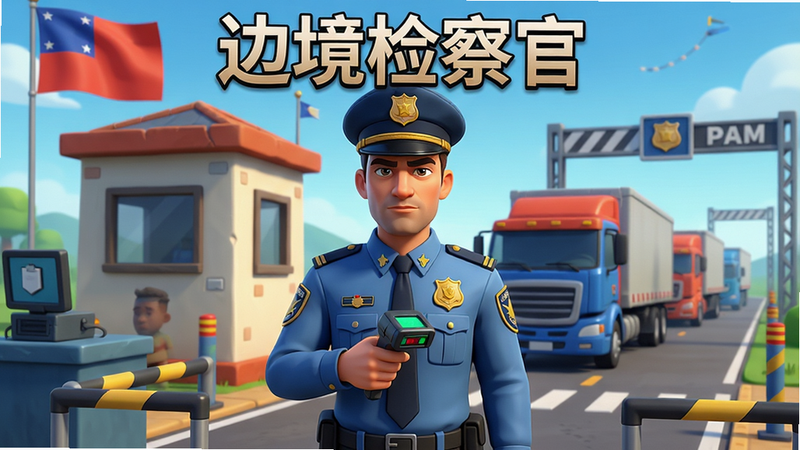 主体:边境检察官游戏主界面,一位身穿制服的检察官站在边境哨所前,背景有国旗和关卡。布局:居中构图,人物正面站立,前景有检查站栏杆。排版:简洁明了。风格:写实卡通,色彩明亮。细节:检察官佩戴徽章,手持扫描仪,身后有卡车排队。画质:高清,干净,无多余元素。文字:游戏标题