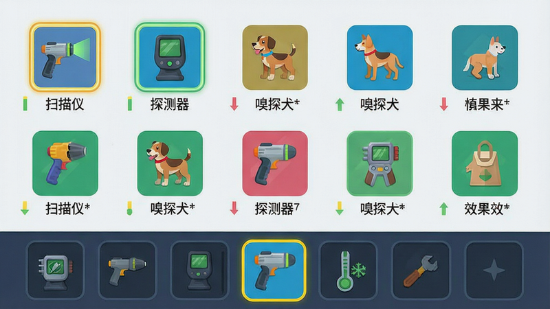 主体:装备选择界面,展示多种检查工具图标。布局:网格排列,每个工具有小图与名称。排版:底部有装备栏,选中工具高亮。风格:扁平化UI,色彩鲜艳。细节:工具图标有高亮边框,选中状态,旁边显示等级与效果。画质:清晰,干净。文字: