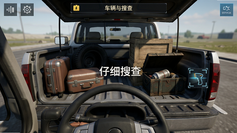 主体:游戏内的车辆搜查界面,一辆皮卡车的后备箱打开,露出各种货物。布局:第一人称视角,可以看到方向盘和座椅。排版:UI按钮清晰,上方有提示栏。风格:写实3D渲染。细节:后备箱里有行李箱、轮胎、木箱,其中一个箱子半开露出可疑物品,旁边有扫描仪图标。画质:高清,干净,无多余元素。文字: