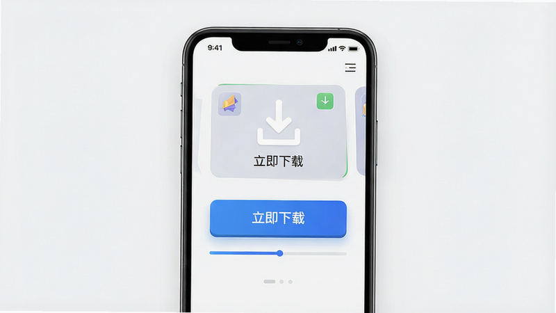 主体:手机屏幕显示游戏下载页面,界面有下载按钮。布局:居中,手机模型。风格:简约。细节:按钮突出,有进度条。文字: