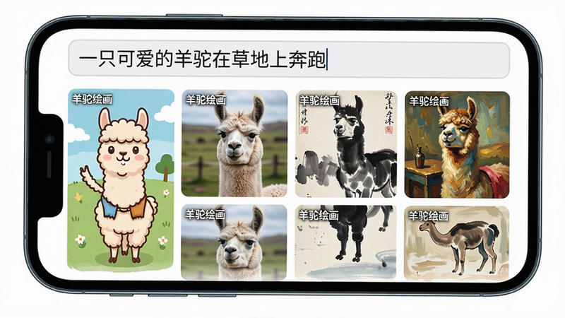 主体:手机屏幕显示羊驼绘画的文生图界面,输入框内写着“一只可爱的羊驼在草地上奔跑”,下方生成四张不同风格的图片(卡通、写实、水墨、油画)。布局:输入框在上方,生成结果以网格排列。排版:简洁清晰。风格:现代APP UI。细节:每张图片都有轻微边框,左上角有“羊驼绘画”水印。画质:高清,无多余元素。文字:“羊驼绘画”水印。