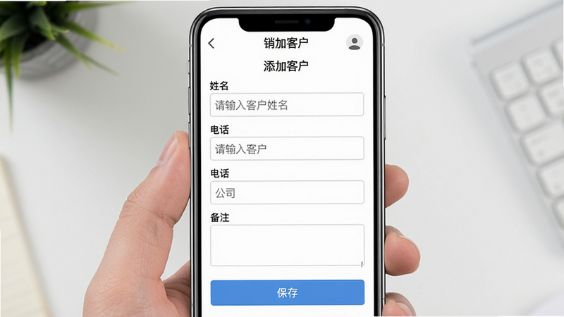 主体:一部手机竖屏显示销售保的“添加客户”表单页面,表单包含“姓名”、“电话”、“公司”、“备注”四个输入框,底部有“保存”按钮,布局居中,风格简洁明快,细节:输入框内带有灰色占位文字如“请输入客户姓名”,画质高清,干净无多余元素,软件名称用引号标注为“销售保”。
