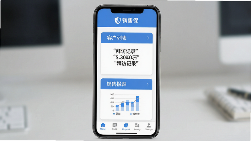 主体:销售保软件主界面展示,手机屏幕内显示“客户列表”、“拜访记录”、“销售报表”三个核心模块,布局采用卡片式排列,风格现代扁平,细节:顶部有“销售保”品牌LOGO,底部导航栏图标清晰,整体画质高清,干净无多余元素,色彩以蓝色和白色为主,文字内容用引号标注。