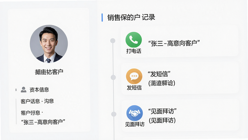 主体:销售保的客户详情页面,左侧为头像和基本信息,右侧以时间轴形式展示历史沟通记录,布局采用上下结构,风格清晰商务,细节:每条记录有“打电话”、“发短信”、“见面拜访”图标区分,画质细腻,干净无多余元素,文字内容用引号标注为“张三-高意向客户”。