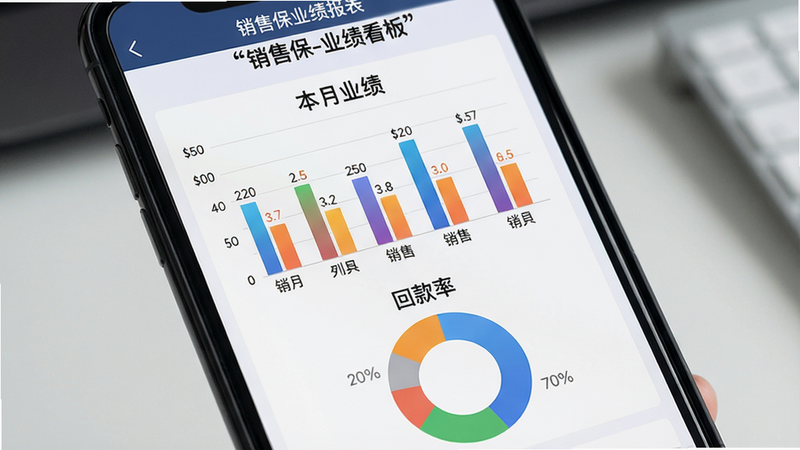主体:手机屏幕展示销售保业绩报表页面,顶部为“本月业绩”标题,中间是彩色柱状图对比不同销售员业绩,底部有“回款率”环形饼图,布局对称,风格商务专业,细节:图表边缘有数字标注,画质清晰,干净无多余元素,文字用引号标注“销售保-业绩看板”。