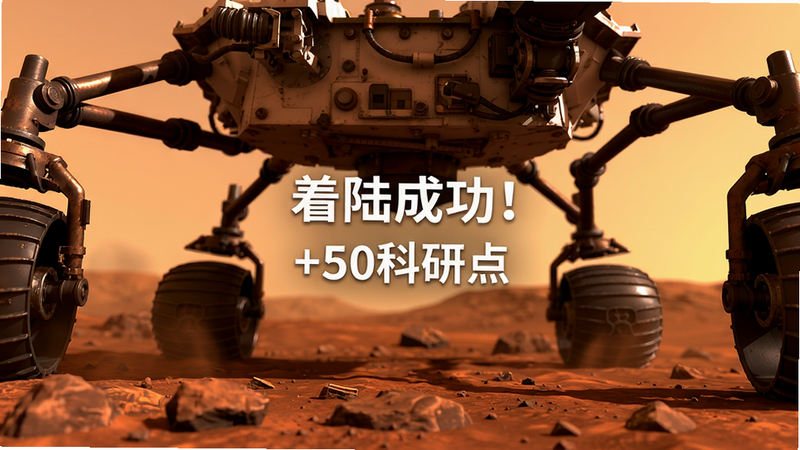 主体:火星表面,探测器正在降落;布局:低角度近景,红色沙土岩石;排版:画面中央显示“着陆成功!+50科研点”;风格:写实科幻,光线偏橙;细节:探测器腿架变形缓冲;画质:4K,干净无多余元素。