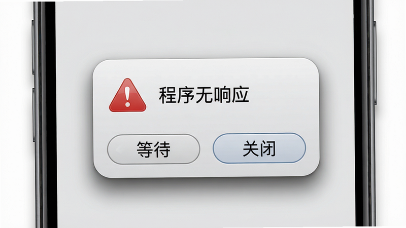 主体:手机屏幕显示游戏崩溃弹窗;布局:居中,弹窗文字“程序无响应”;排版:底部有“等待”和“关闭”按钮;风格:拟物化弹窗,红色警告图标;细节:阴影和圆角;画质:干净,无多余元素。