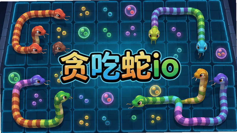 游戏主界面预览图,展示贪吃蛇io的竞技场场景:多条彩色小蛇在网格地图上游走,背景散落着发光的细胞颗粒,画风卡通明亮,主体居中显示游戏名称“贪吃蛇io”,整体干净清晰,无多余UI干扰,画质高清,细节丰富。