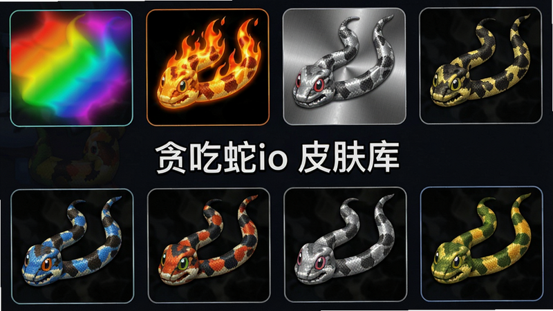 皮肤选择界面截图,展示多种不同风格的蛇皮肤缩略图,包括彩虹渐变、火焰特效、金属质感等,中央标题“贪吃蛇io 皮肤库”,布局整齐,色彩鲜艳,画质高清,无多余元素。