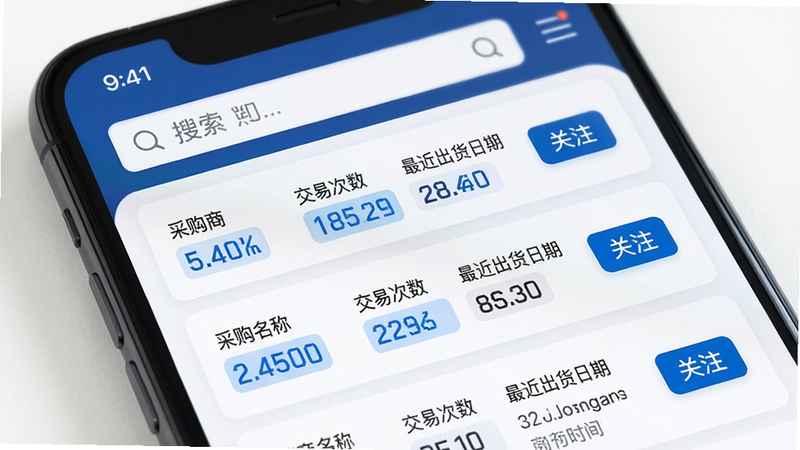 主体:手机屏幕展示海关数据查询结果页,列表显示采购商名称、交易次数、最近出货日期;布局:上方搜索栏,下方卡片式列表;排版:信息层级清晰,关键数据用蓝色高亮;风格:数据可视化,简洁商务;细节:每条记录右侧有“关注”按钮,数据量示意;画质:高清,无杂色。