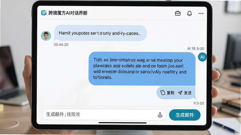主体:跨境魔方AI对话界面,左侧用户消息气泡,右侧AI回复气泡,内容为英文开发信草稿;布局:聊天式界面,底部输入框有“生成邮件”按钮;排版:气泡圆角,时间戳显示;风格:现代IM风格,配色清新;细节:AI回复末尾有“复制”“发送”图标;画质:清晰,无多余元素。