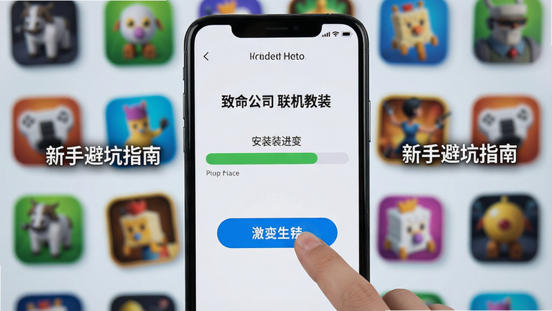 主体:致命公司多人联机安装教程界面,手机屏幕显示安装进度条,背景有游戏图标。布局:手机特写,屏幕居中。风格:简洁,明亮。细节:手指点击安装按钮,周围有说明文字。画质:高清,干净。文字:“新手避坑指南”