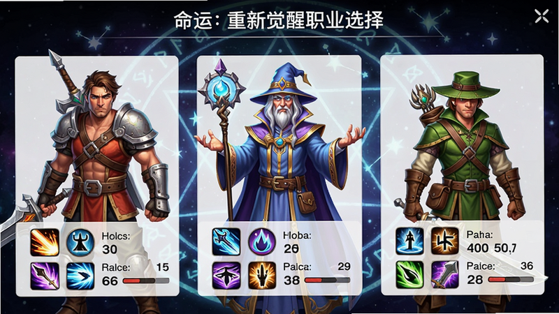 命运:重新觉醒职业选择界面预览图,展示战士、法师、游侠三个角色立绘,每个角色旁边有技能图标和属性数值,背景是神秘的星图,UI整洁,色彩鲜明,画质高清,干净无多余元素