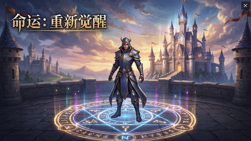 命运:重新觉醒游戏主界面预览图,游戏角色站在魔法阵中,背景是壮丽的城堡和天空,色彩绚丽,画质高清,UI布局简洁,带有“命运:重新觉醒”标题,风格魔幻,细节丰富,干净无多余元素