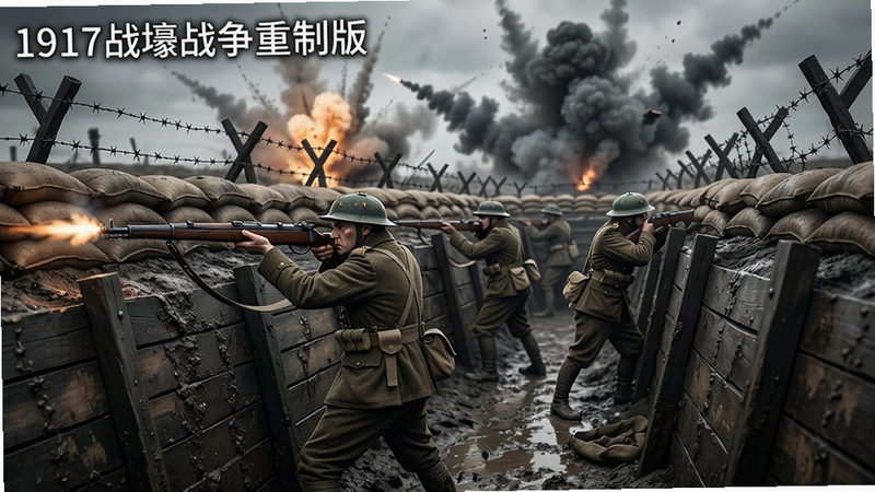 一战战壕场景,士兵在战壕中举枪射击,背景有爆炸和烟雾,布局居中,风格写实,细节包括泥泞地面、沙袋、铁丝网,画质高清,左上角加文字「1917战壕战争重制版」