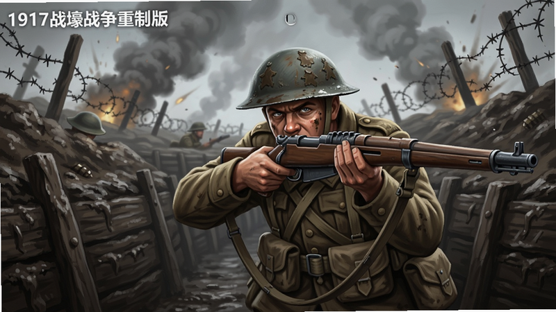 主体为一名士兵在泥泞战壕中持枪瞄准,背景是硝烟弥漫的战场和铁丝网,布局采用横向宽屏,排版居中,风格写实插画,细节包括头盔、步枪、弹药袋,画质高清细腻,画面干净无多余元素,左上角加文字「1917战壕战争重制版」
