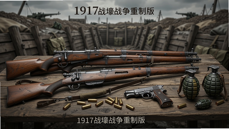 展示多种一战武器,步枪、手枪、手榴弹排列在木桌上,背景是战壕,风格写实,细节有枪械纹理、弹壳,画质清晰,文字「1917战壕战争重制版」