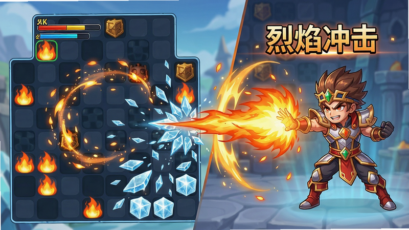 主体:《消消英雄2》实战截图,英雄从消除棋盘右侧登场释放技能。布局:棋盘占左半屏,英雄释放技能动画占右半屏。排版:技能名字“烈焰冲击”显示在英雄头顶。风格:动漫二次元,特效华丽。细节:火焰粒子、冰块碎裂效果。画质:4K清晰,干净无多余元素。