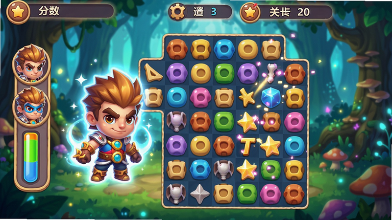 主体:《消消英雄2》游戏主界面,中央为彩色消除棋盘,左侧有英雄头像和能量条,背景是魔法森林。布局:画面居中,英雄立绘与棋盘比例协调。排版:UI图标清晰,顶部显示分数和关卡。风格:卡通Q版,色彩明亮鲜艳,细节:英雄角色有发光特效,消除时产生粒子光效。画质:高清渲染,干净无多余元素。
