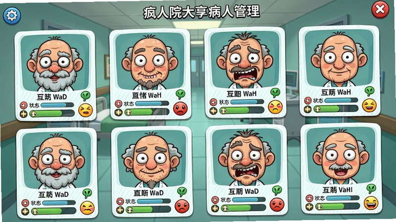 疯人院大亨病人管理界面,展示多个卡通病人头像,每个头像下方有属性条和情绪表情。布局为网格排列,风格可爱夸张,细节包括病人名字和状态图标。画质清晰,背景为医院内部。