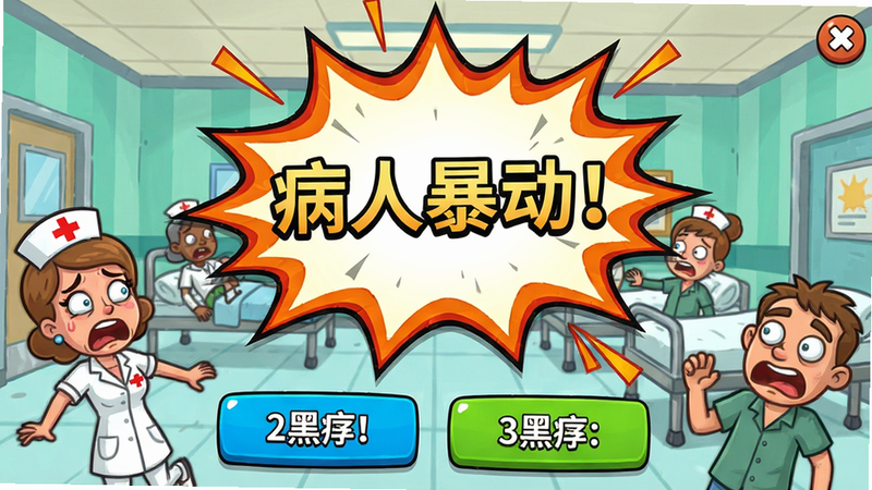 疯人院大亨随机事件界面,画面显示一个爆炸气泡,中间有文字'病人暴动!',下方有应对选项按钮。风格卡通,色彩鲜艳,细节包括惊慌的护士和病人。画质清晰,无多余元素。