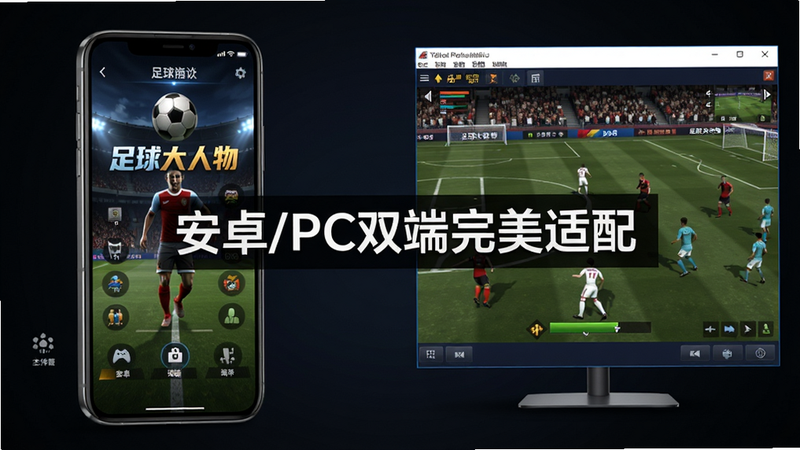 主体:足球大人物游戏在手机和电脑模拟器上运行的对比图;布局:左侧手机屏幕显示游戏主菜单,右侧电脑模拟器窗口显示比赛画面;排版:左右对称,中间有“安卓/PC双端完美适配”字样;风格:写实截图风格,带光影;细节:手机边框为金属色,电脑窗口有模拟器控制条;画质:清晰,背景为深色渐变,无多余元素,文字包含“足球大人物”