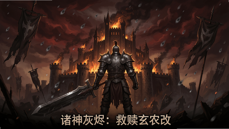 游戏《诸神灰烬:救赎玄农改》的主视觉图,画面中央一位身披重甲、手持巨剑的战士面对燃烧的城堡,天空飘落灰烬,背景有暗红色的云层和破碎的旗帜,黑暗奇幻风格,构图中心对称,细节丰富,画质清晰干净,无多余元素,画面下方居中显示游戏名称